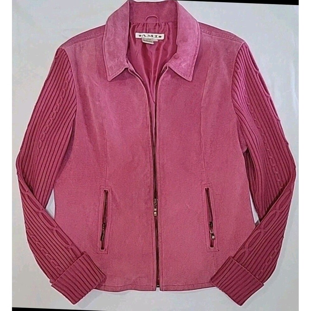 Vintage 90s A.M.I. Pink Suede Leather Sweater Jacket Ribbed Knit Sleeves Size Lg
